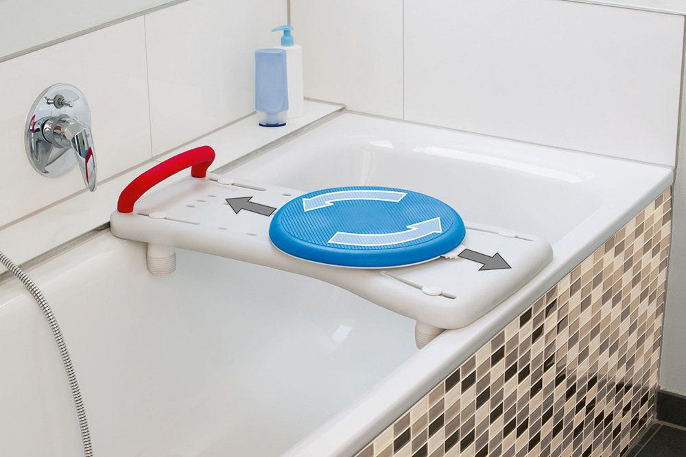 Badewannenbrett Deluxe, drehbarer Softsitz, Haltegriff, 56–68 cm