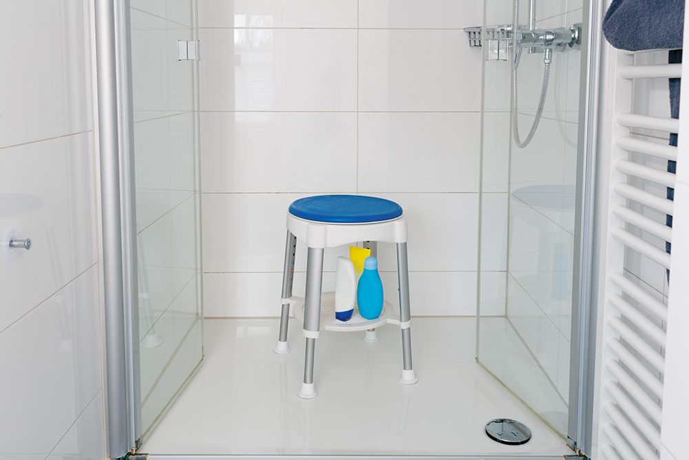 Duschhocker mit Soft-Drehsitz und Ablage, rund, höhenverstellbar, Aluminium