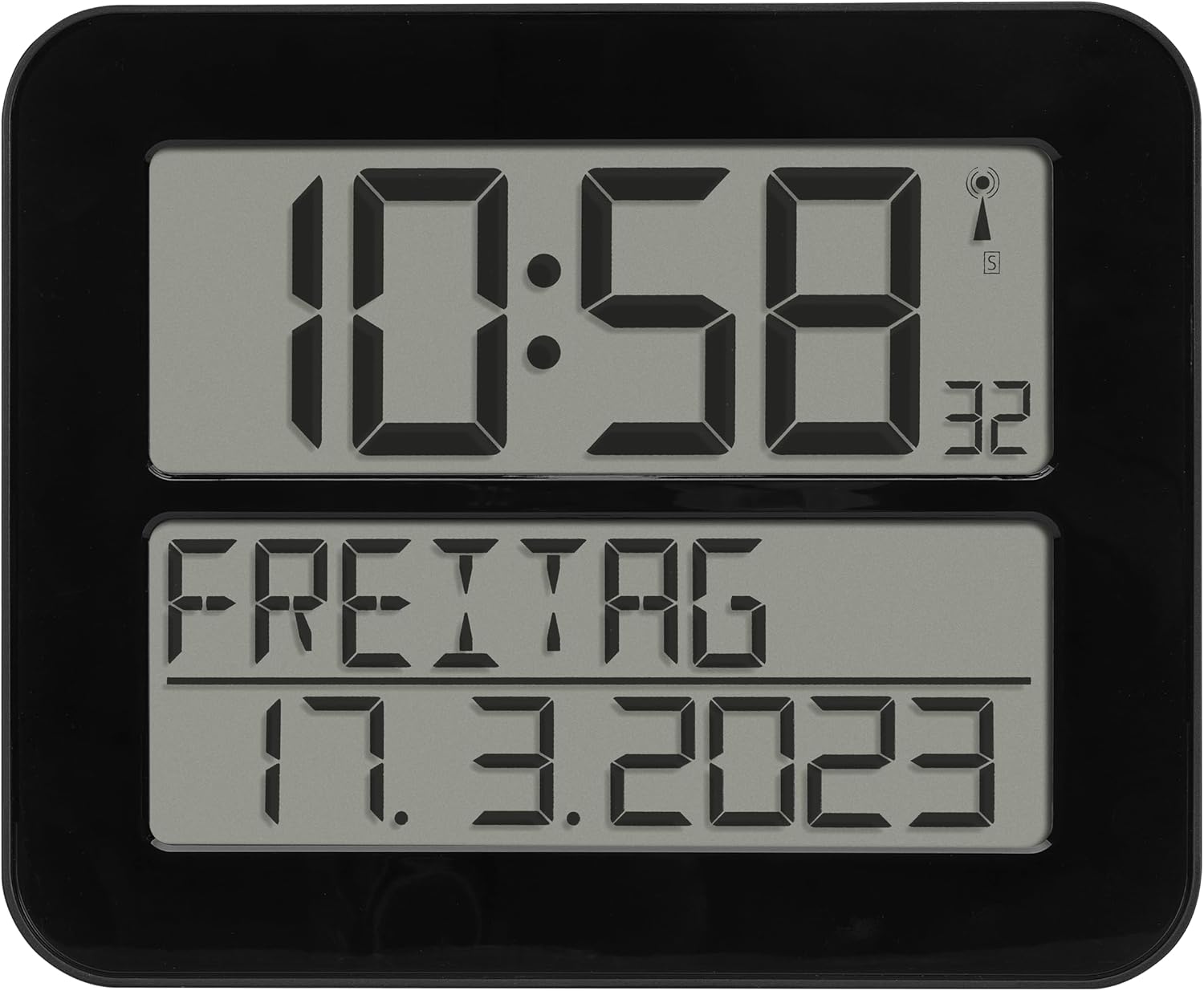 Funkuhr TimeLine MAX mit ausgeschriebenem Wochentag, 30 x 25,8 cm, Weckfunktion, schwarz