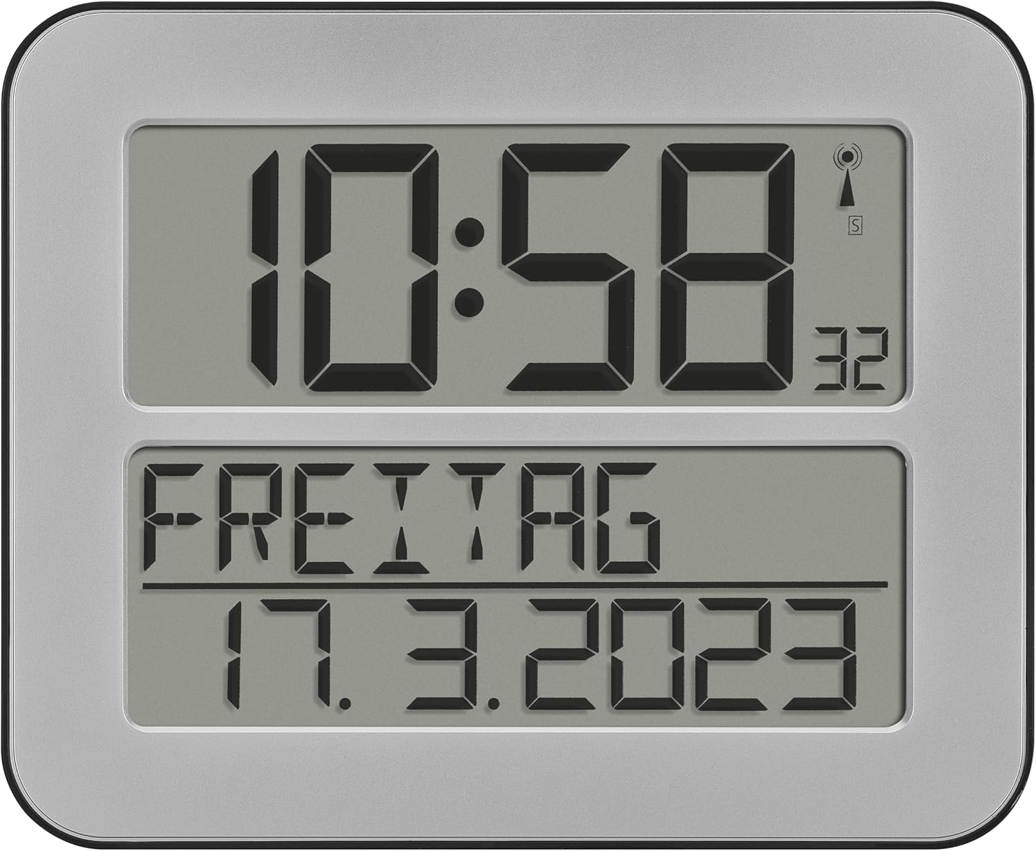Funkuhr TimeLine MAX mit ausgeschriebenem Wochentag, 30 x 25,8 cm, Weckfunktion, silber