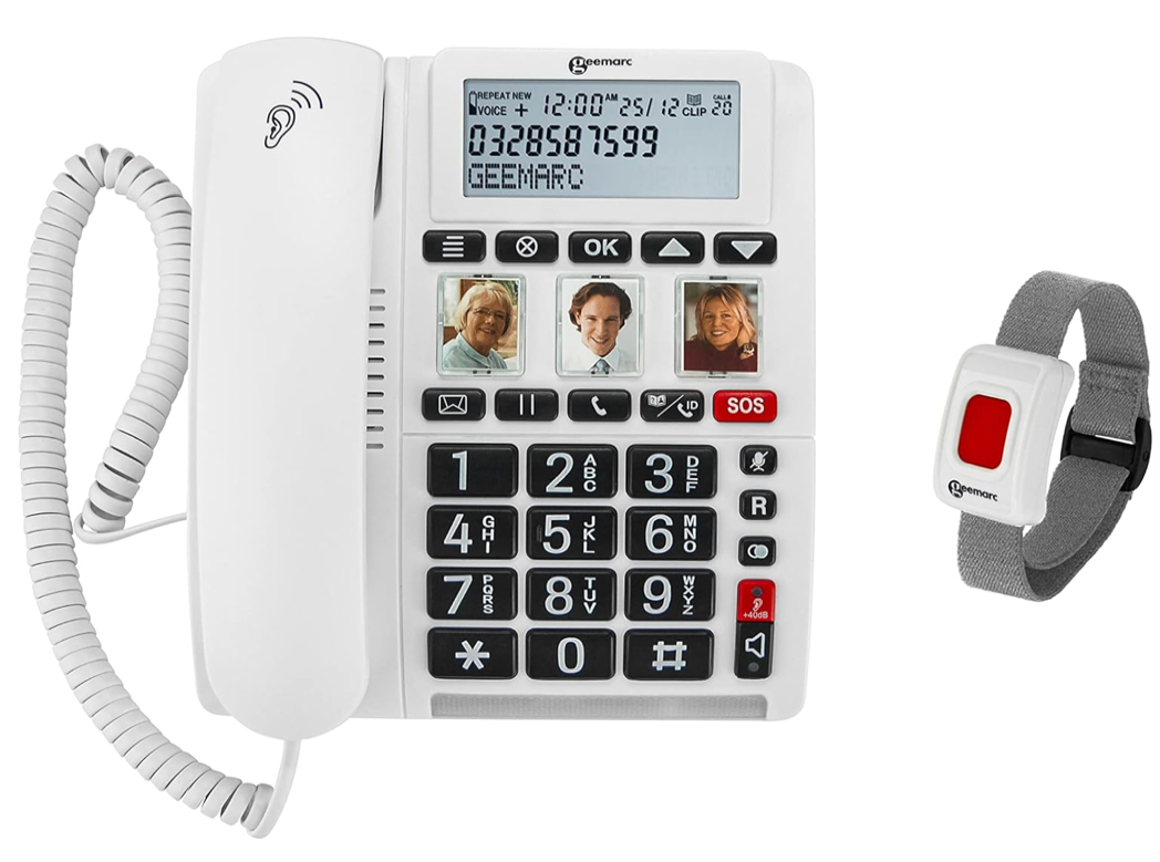 Senioren-Notruf-Festnetztelefon mit Bildwahltasten und Notruf-Armband, Blitzlicht, Geemarc CL610