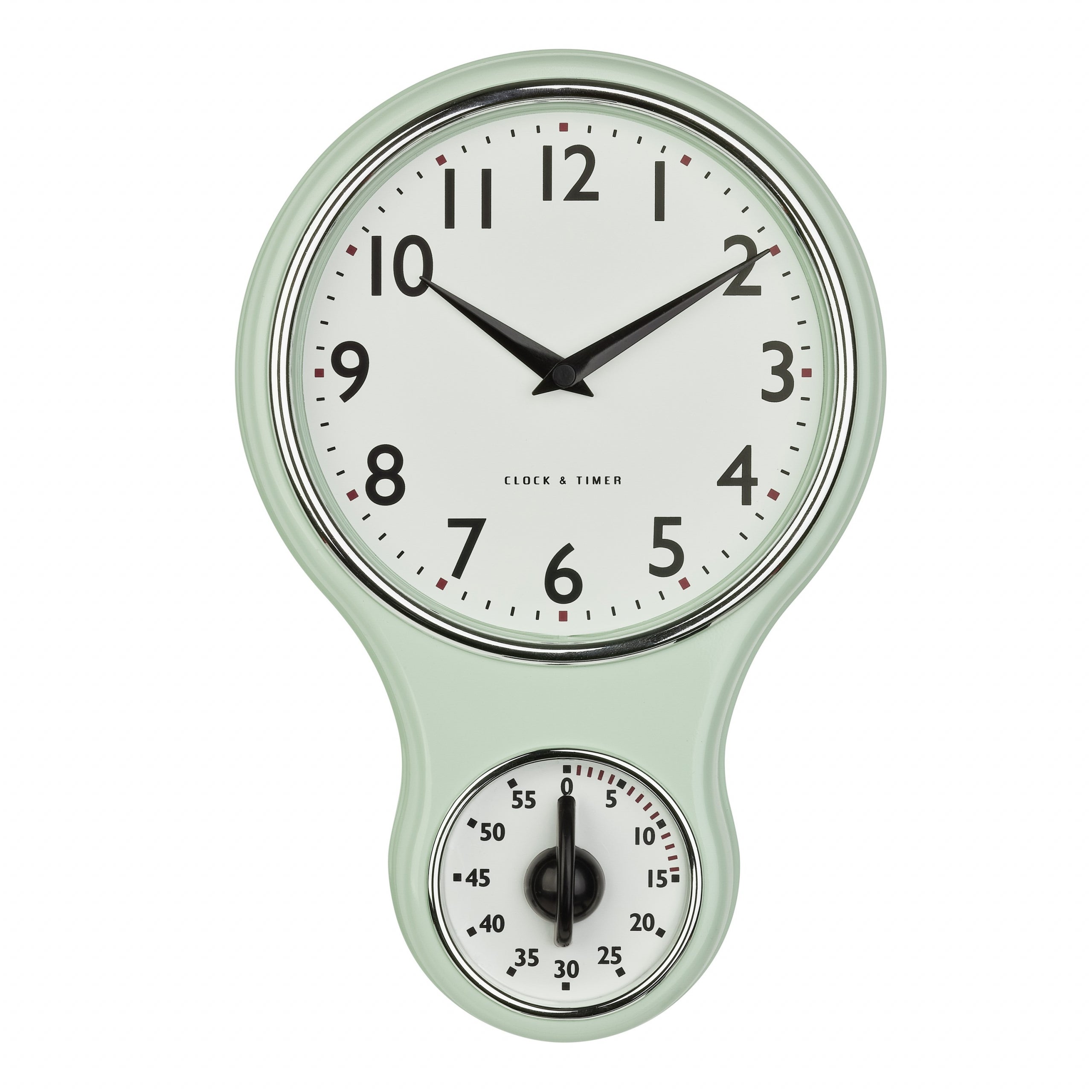 Retro Küchen-Wanduhr mit mechanischemTimer, gut ablesbares Zifferblatt, Glasabdeckung, mint-grün