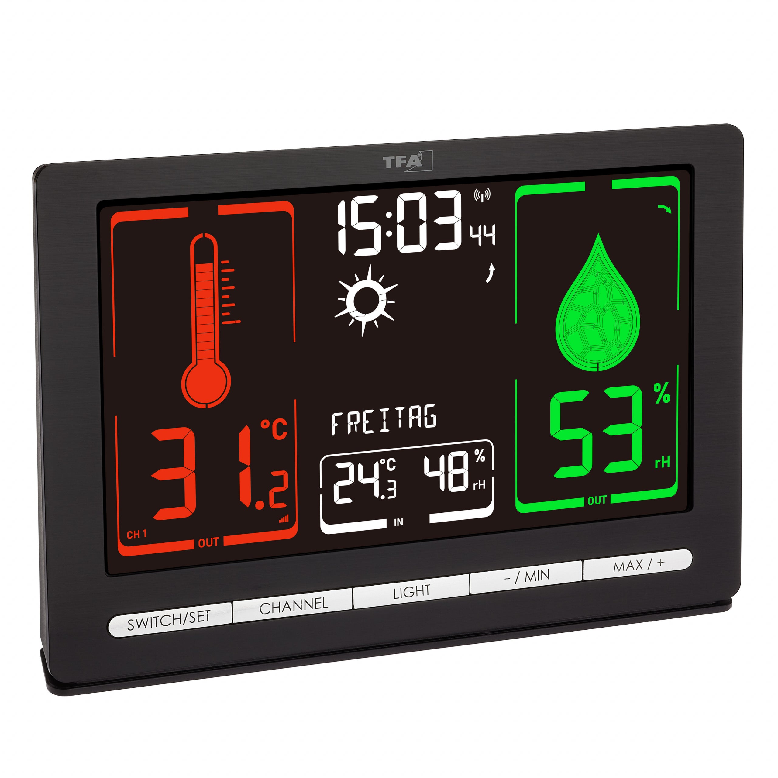 Funk-Wetterstation METEOCHROME  mit Farbdisplay und kabellosem Außensender, Wochentag auf Deutsch