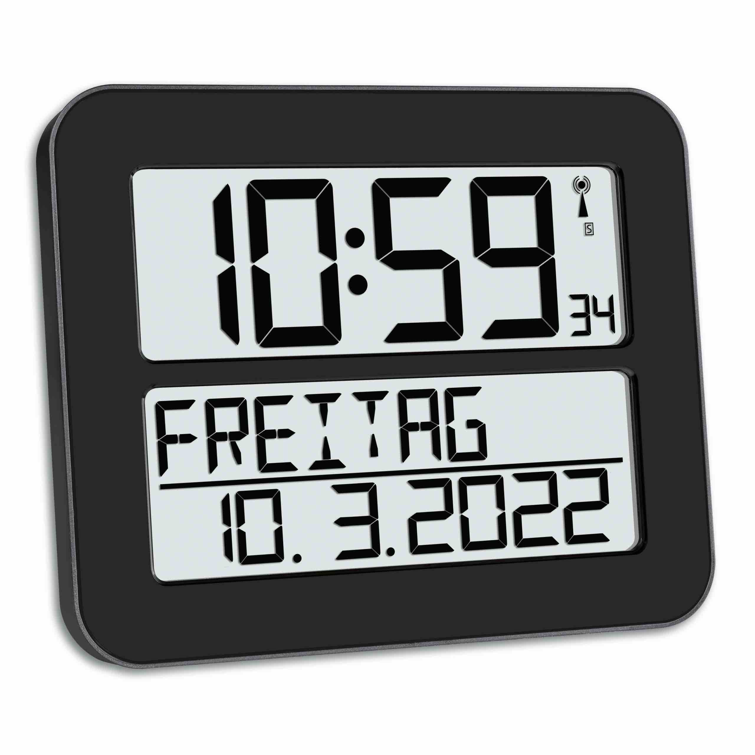 Funkuhr TimeLine MAX mit ausgeschriebenem Wochentag, 30 x 25,8 cm, Weckfunktion, schwarz