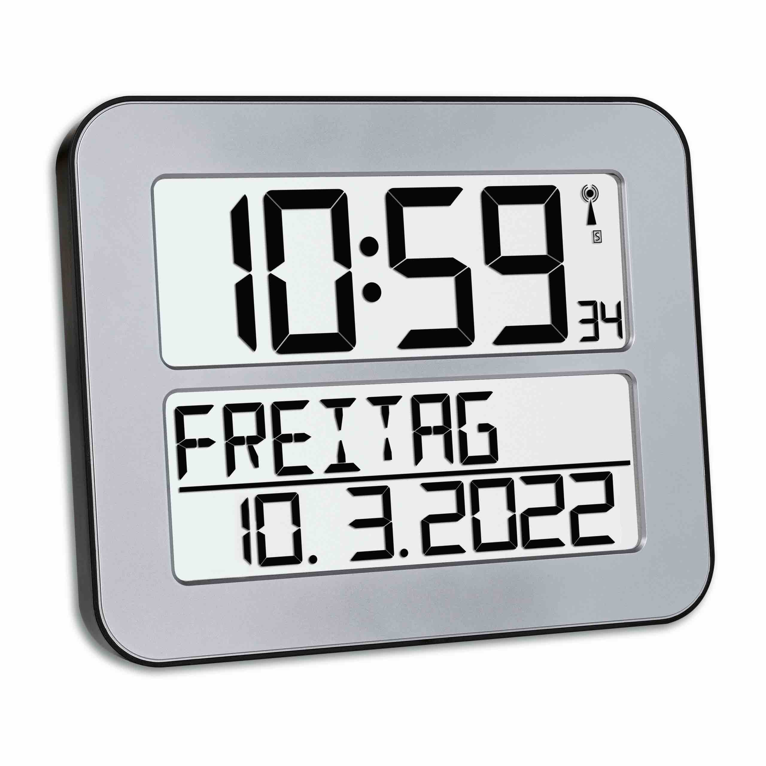 Funkuhr TimeLine MAX mit ausgeschriebenem Wochentag, 30 x 25,8 cm, Weckfunktion, silber
