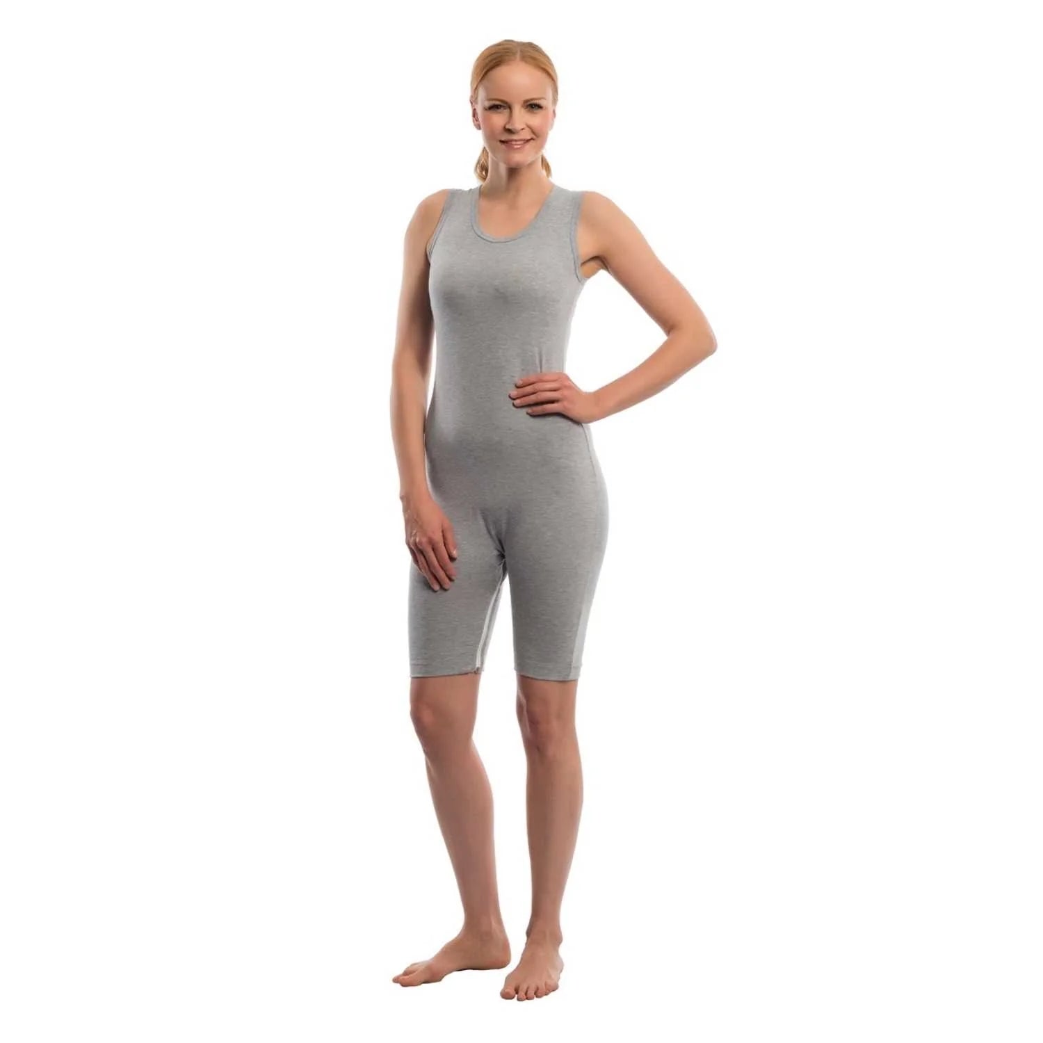 Suprima Pflegebody ohne Arm, kurzes Bein, Beinreißverschluss, Baumwolle - unisex, grau