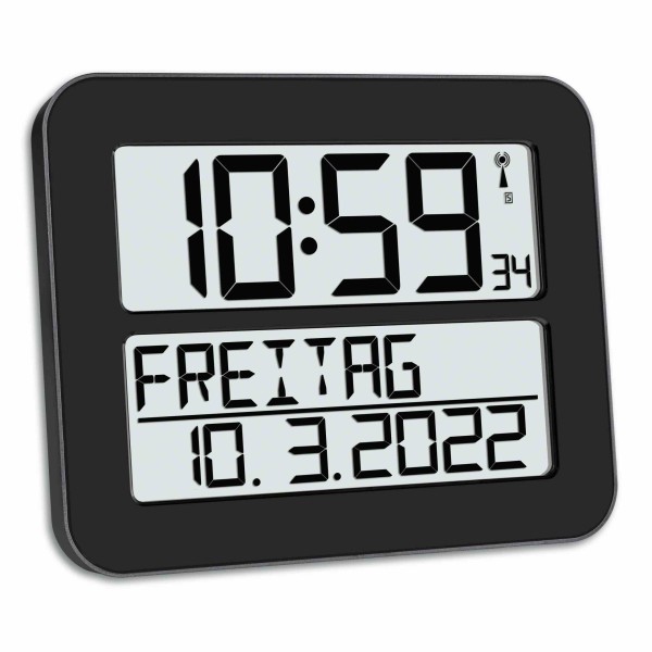 Funkuhr TimeLine MAX mit ausgeschriebenem Wochentag, 30 x 25,8 cm, Weckfunktion, schwarz