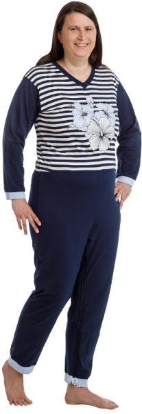Suprima Pflege-Schlafanzug Maritim, lang, Rücken- und Beinreißverschluss – Baumwolle - Damen