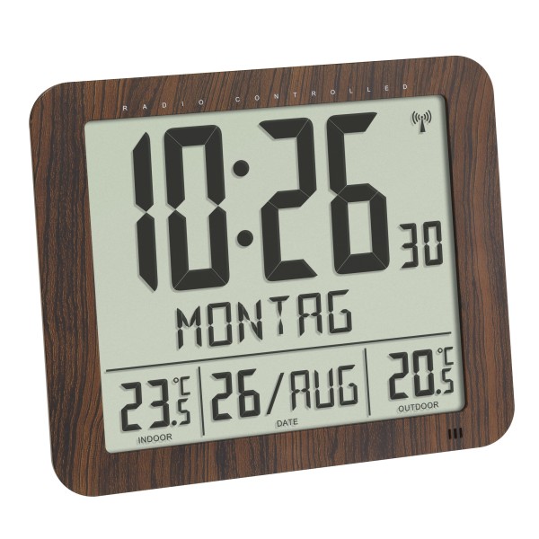 Funkuhr mit Außen- und Innentemperatur, 25 x 25 cm, ausgeschriebene Wochentage, Holz-Optik