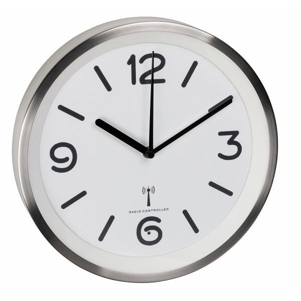 Analoge Funk-Wanduhr mit Nachtbeleuchtung, gebürstetes Edelstahl, ø 25 cm