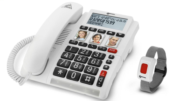 Senioren-Notruf-Festnetztelefon mit Bildwahltasten und Notruf-Armband, Blitzlicht, Geemarc CL610