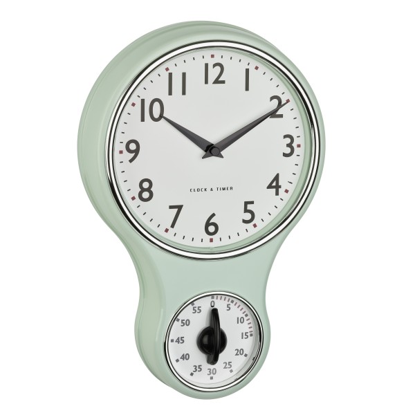 Retro Küchen-Wanduhr mit mechanischemTimer, gut ablesbares Zifferblatt, Glasabdeckung, mint-grün